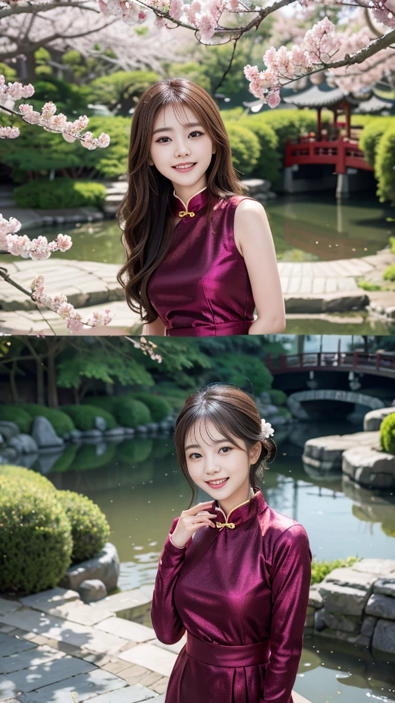 (8K, RAW Photos, Highest quality, masterpiece:1.3), (Realistic, photo-Realistic:1.4), (Highly detailed 8K wallpaper), Sharp focus, Written boundary depth, (Double Bang:1.2), Japanese Idols,very cute,(Baby Face) , Look at us and laugh, Upper Body, Highly detailed face and eyes,((Shiny skin:1.2)), Cinema Lighting, Soft Light,( China dress:1.2), Blur the background, Bokeh,(Traditional Chinese garden with cherry blossoms in full bloom, Enjoy the tranquil scenery with a pond and a small bridge.)