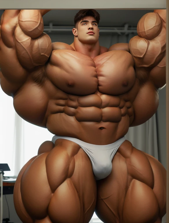 1boy, giant, alone, bodybuilding pose, stand, illuminating light, strong body, bulk, large size, stretching, in the white photo studio room, nude, white triangular underwear, prominent bulge, extraordinary big, brutalmass, giant, muscular body, bulk, buff, massive body, large meaty body size, extremely wide body, backview