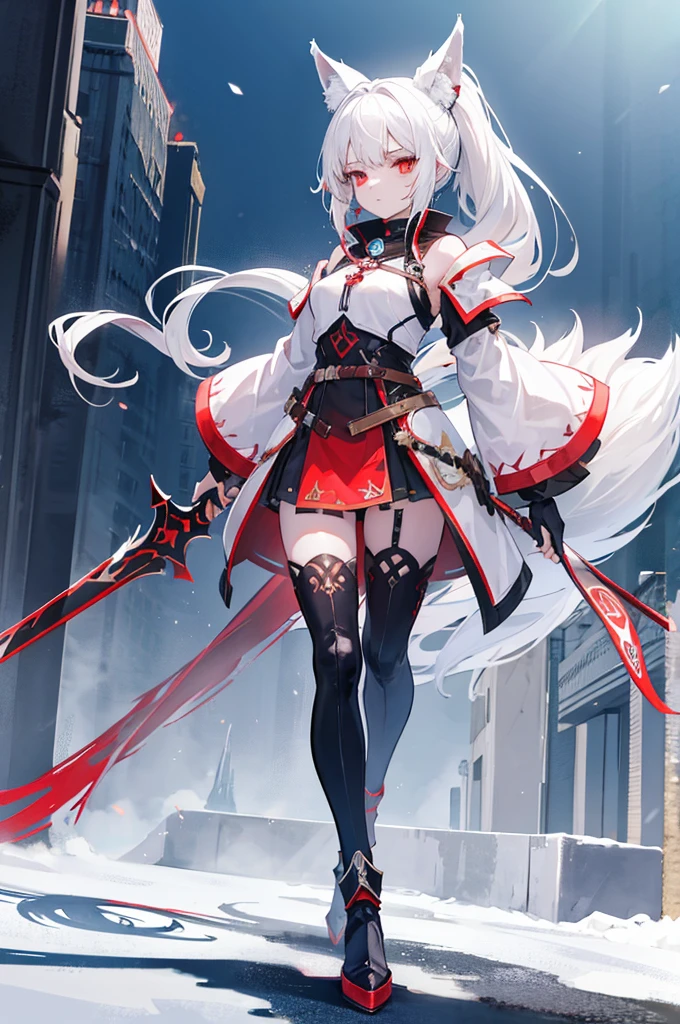 Young Wolf girl. White hair ponytail. Red eye. Scar on left eye. Traditionnal armor. Fantasy. 4k.  Full body. Fantasy médiévale City background. Sword.