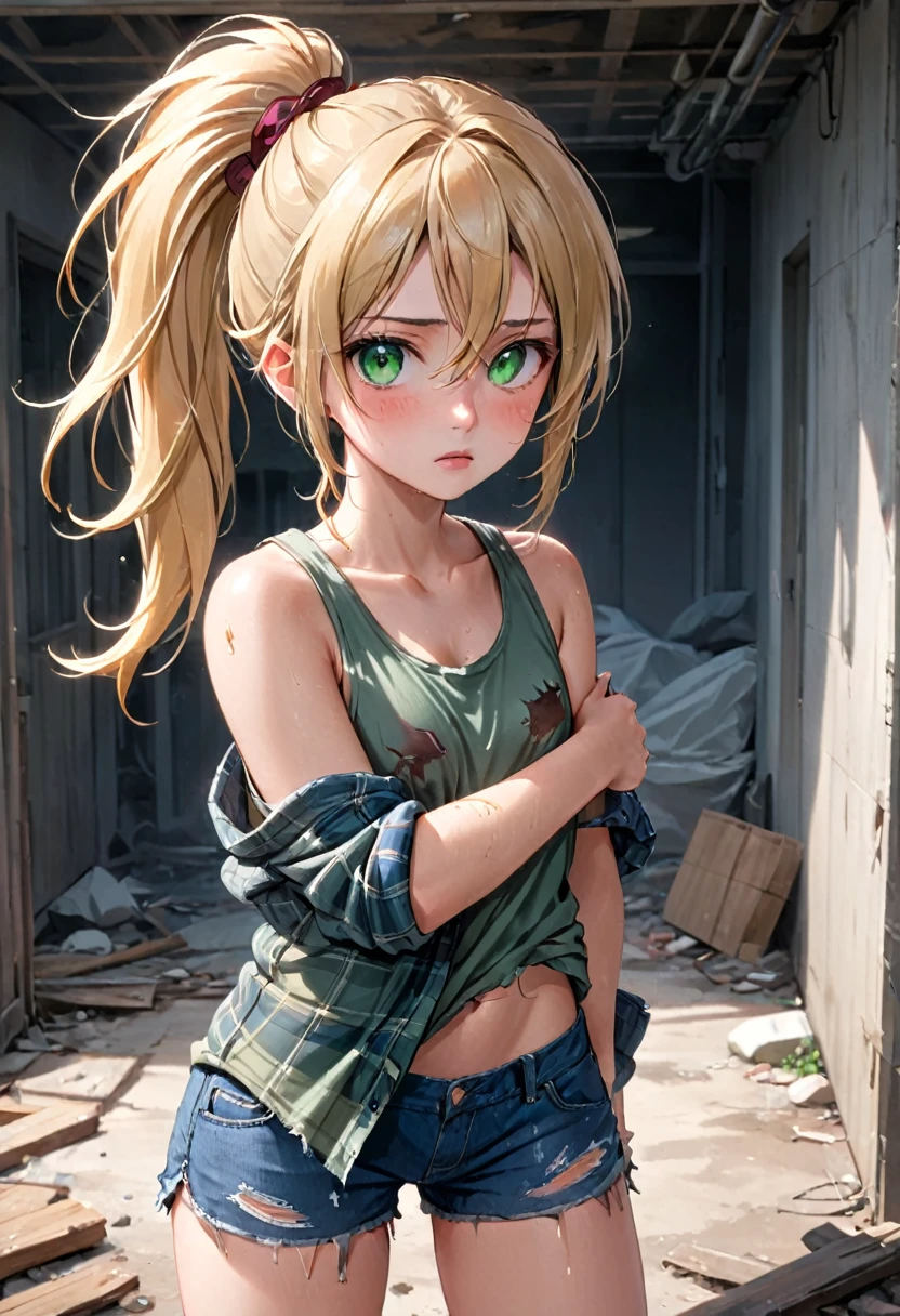 age girl, wiry, lean, dirty, grimy, uneven blonde hair with ponytail, wild, untamed, dull green eyes, tight dirty tank top, oversized flannel shirt, sleeves rolled up, torn denim shorts, (sweating: 0.3), masterpiece, beautiful