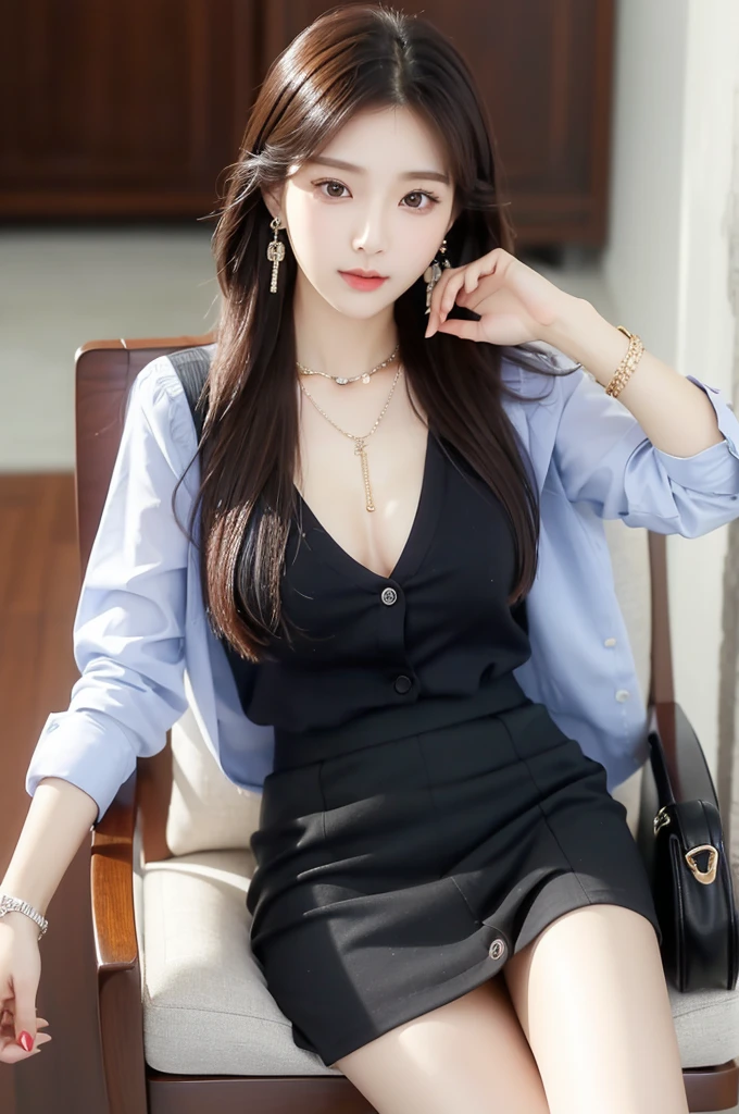 (((actual photography))),, portrait, Korean，(arrogant的臉:1.3),, 1 Girl，beautiful girl, arrogant,Sit in a large class chair , (Necklace，earrings，Bracelet:1.1), Buttoned shirt and hip skirt,miniskirt , (cleavage:0.3),, In the CEO&#39;s Office, (environmental details:1.3),, (original photo, CG Unity, photography, ultra actual details, sharp focus, Delicate skin,4K, High resolution, masterpiece, best quality, actual, energetic:1.2),, (8K,4K, Ultra high quality, High resolution, professional, Movie般的, Movie, Dramatic),Reasonable posture, Detailed office background