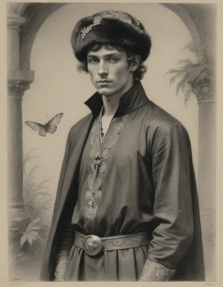 by Léon Bakst, by Moebius Jean Giraud, (((Rough monochrome drawing, gray scale, Linear style, hand drawn, coal sketch on paper))), full body portrait of a a beautiful, teenage male noble, arrogant, facing viewer. He is wearing a ((fur hat)). He is wearing a black Mughal caftan, with diamond shape symbology, with moth symbology, with dragon symbology, jungle background