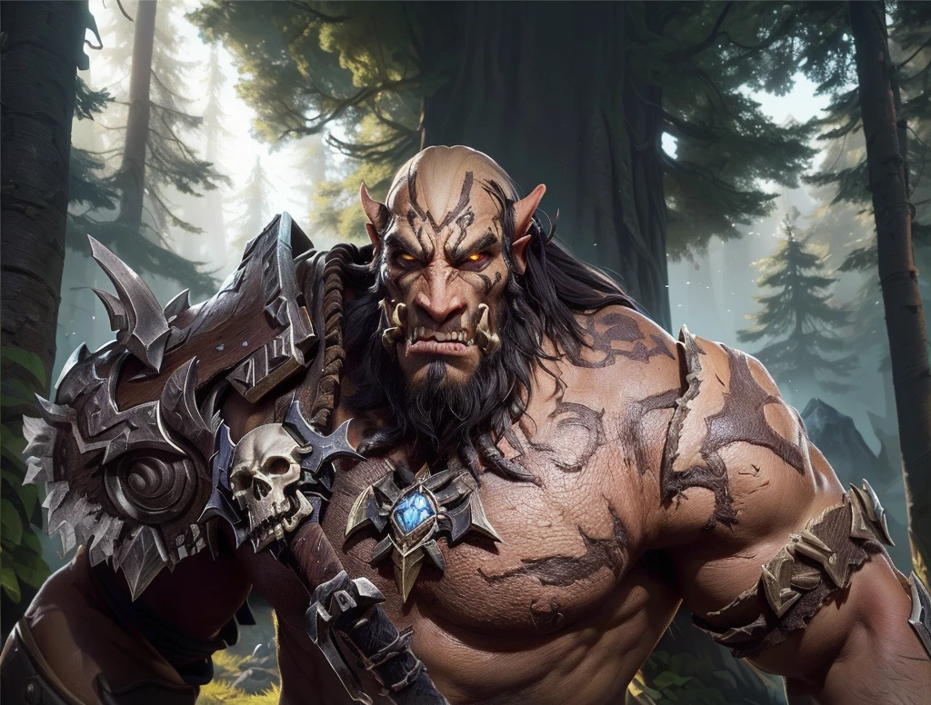 arafed man with a large knife and a large skull in a forest, from warcraft, orc themed, orc, orc warrior, warcraft character, blizzard warcraft artwork, wow 4 k detail fantasy, warcraft artwork, an orc, warcraft blizzard weapon art, world of warcraft splash art, portrait of an orc warrior, in style of wold of warcraft
