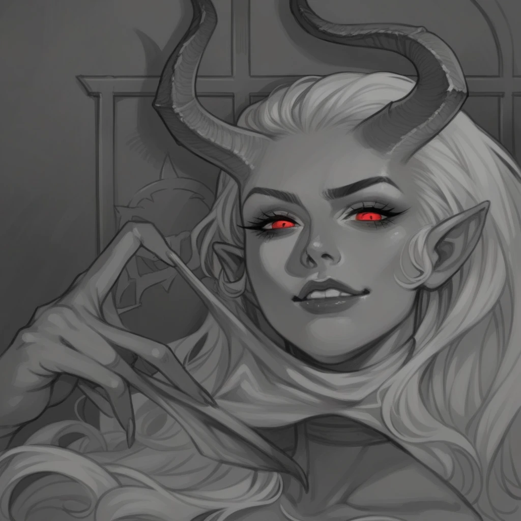 a close up of a woman with horns and a demon face, mostly greyscale, portrait of demon girl, demon girl, portrait demon half human, portrait of a female demon, white horns queen demon, detailed but rough, demon woman, inked digital, with horns, horns and red eyes, dnd portrait of a tiefling, drawn with photoshop, dark linework