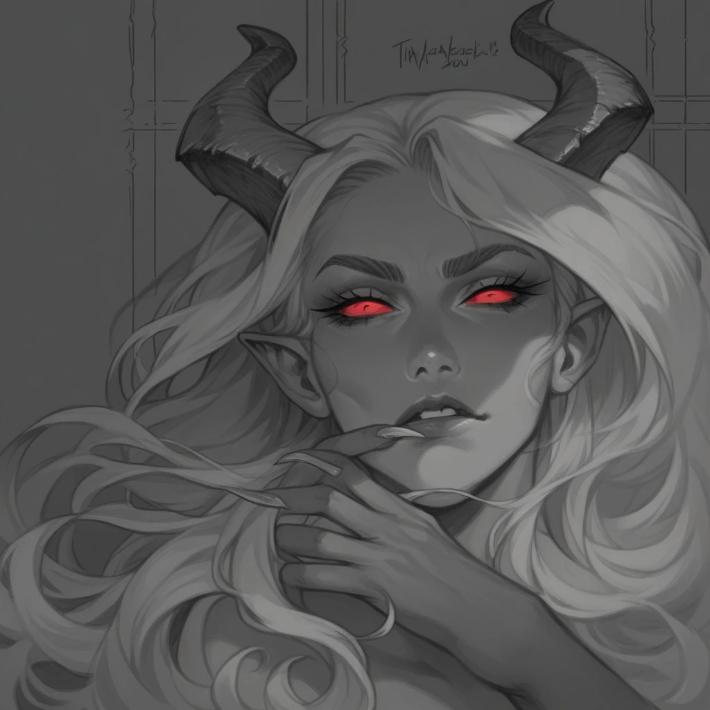 a close up of a woman with horns and a demon face, mostly greyscale, portrait of demon girl, demon girl, portrait demon half human, portrait of a female demon, white horns queen demon, detailed but rough, demon woman, inked digital, with horns, horns and red eyes, dnd portrait of a tiefling, drawn with photoshop, dark linework