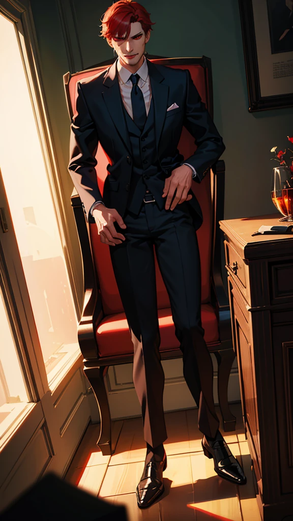 a tall angry masculine man in a suit, sitting in a chair, bulge in trousers, low angle shot, cinematic dramatic lighting, photorealistic, 8k, high detail, chiaroscuro lighting, evil smile, Red hair, red eyes