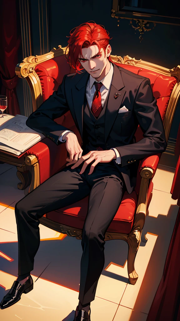 a tall angry masculine man in a suit, sitting in a chair, bulge in trousers, low angle shot, cinematic dramatic lighting, photorealistic, 8k, high detail, chiaroscuro lighting, evil smile, Red hair, red eyes