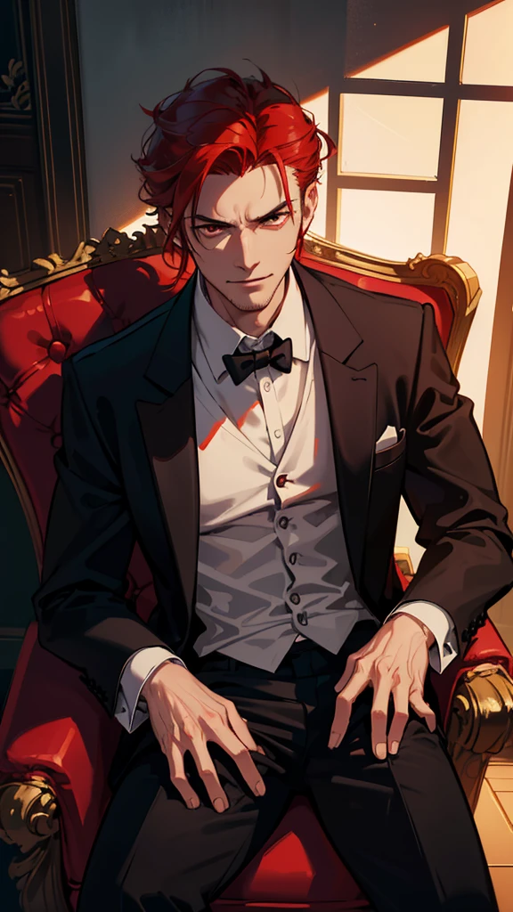 a tall angry masculine man in a suit, sitting in a chair, bulge in trousers, low angle shot, cinematic dramatic lighting, photorealistic, 8k, high detail, chiaroscuro lighting, evil smile, Red hair, red eyes