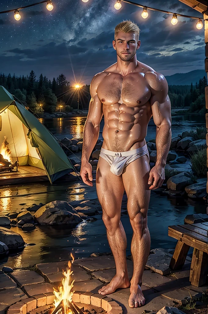 Full body shot, photorealistic full body a tall、Muscular 24 year old white handsome tall sexy topless young man，With blond shaved hair, Green eyes, Wearing white underwear，There is stubble on the face, showering in a river, tent, campfire, at night. Sexy, male, muscular, like