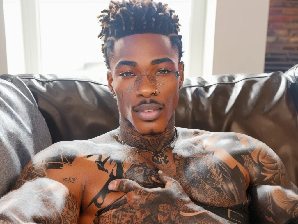 Black man with tattoos on his chest and chest sitting on a couch, with tattoos, inked, inspired by Hedi Xandt, tattooed man, tattooed, fully tattooed body, liam brazier and nielly, the extremely hot and sexy, taken in the early 2020s, tongue out, inspired by Louis Le Nain, dark skin