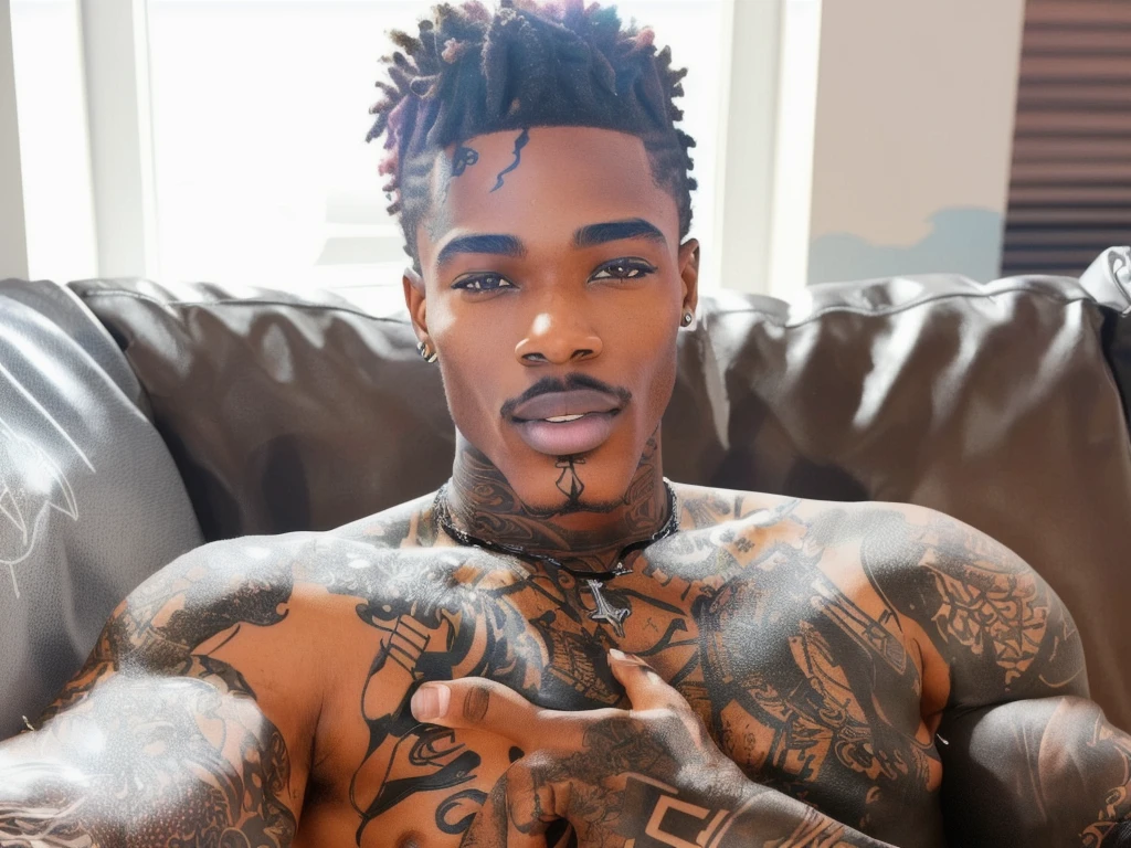 Black man with tattoos on his chest and chest sitting on a couch, with tattoos, inked, inspired by Hedi Xandt, tattooed man, tattooed, fully tattooed body, liam brazier and nielly, the extremely hot and sexy, taken in the early 2020s, tongue out, inspired by Louis Le Nain, dark skin