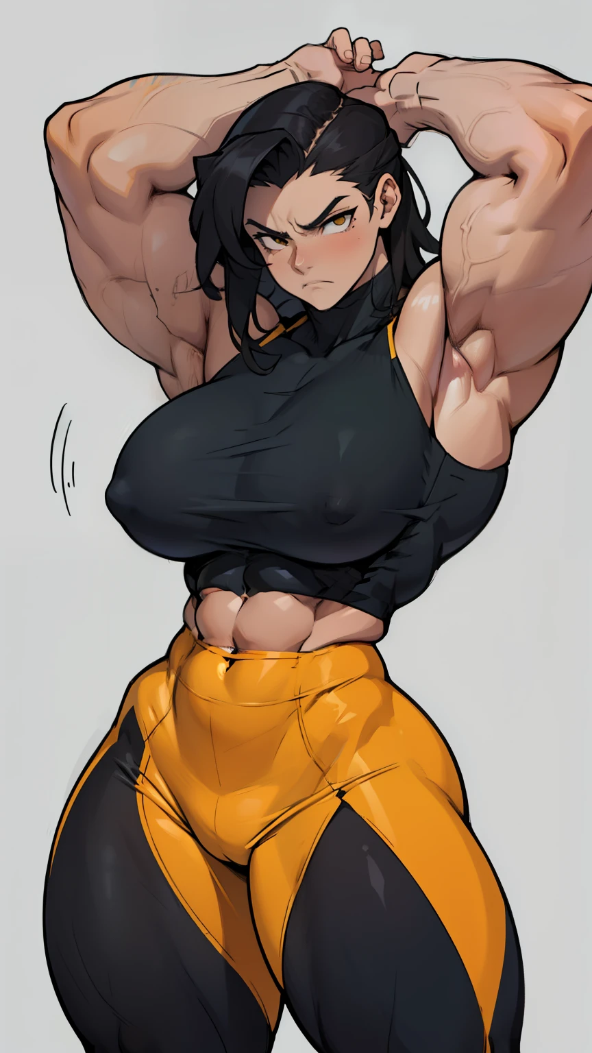 huge breasts huge breasts huge muscles muscular girl toned body bodybuilder grey background leggings tight shirt black hair yellow eyes pale skin long hair wide hips curvy thick thighs thick thick thick thick tight sad frown expressionless