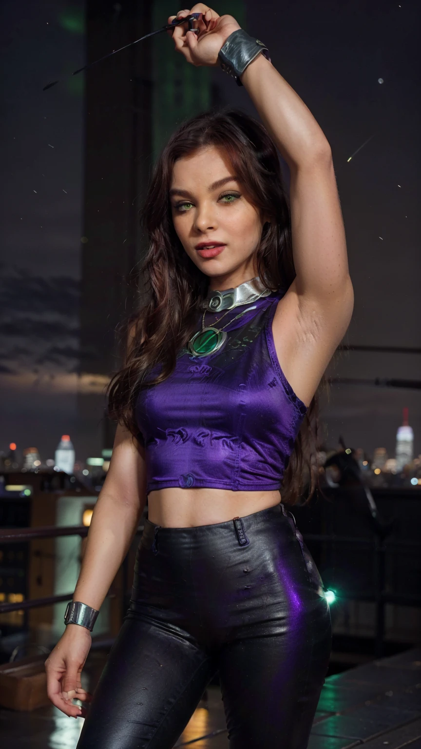 masterpiece, Best quality, (epiCRealLIfe), (photorealistic1.4), (young woman), (European Model),  (tall athletics body), (orange skin),  (h41l33s), (red hair), (green eyes), (dark red lipsticks),  (starfire costume), abs, (perfect hands), (purple starfire bodysuit), (silver trimming on outfit), (metal arm guards), (green gems), (exposed midriff), (flash photography), (flashphoto), (cowboy shots), (city rooftop), (empire state building), (at night), (night view), (spotlight)