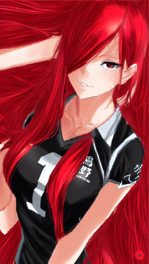 anime girl with red hair and black shirt posing for a picture, Generate an image of Erza Scarlet from 'Fairy Tail' dressed in the Karasuno High School volleyball team uniform from 'Haikyuu!!', complete with the number 1 on her jersey. She should be standing confidently on a volleyball court."