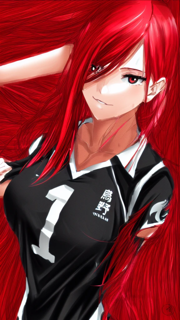 anime girl with red hair and black shirt posing for a picture, Generate an image of Erza Scarlet from 'Fairy Tail' dressed in the Karasuno High School volleyball team uniform from 'Haikyuu!!', complete with the number 1 on her jersey. She should be standing confidently on a volleyball court."