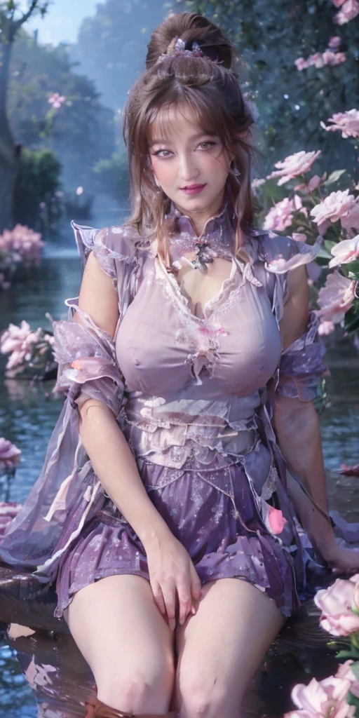 A beautiful young woman with a perfect, pretty face, delicate chin, and slim nose, dressed in Xianxia-inspired clothing, shyly blushing and smiling alluringly, with enormous, voluptuous huge inormous breasts, masterfully rendered in 8K quality.