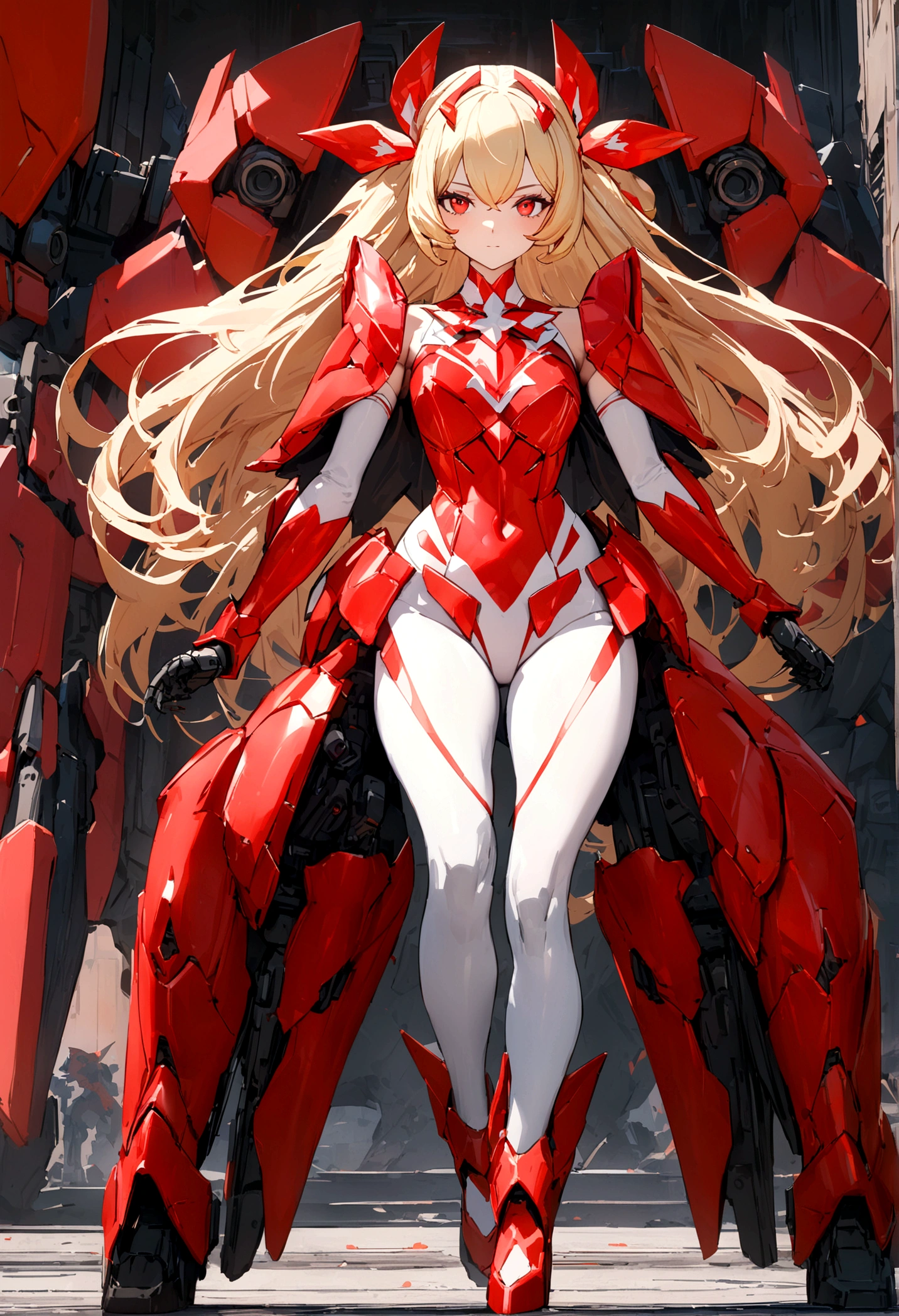 Mecha style maigcal girl, long blond hair, red eyes, her outfit is a white coloured magical girl leotard with the rest of her body covered in crimson coloured mecha style armor, UHD, masterpiece, high details, super detail, high quality, best quality, full body in frame