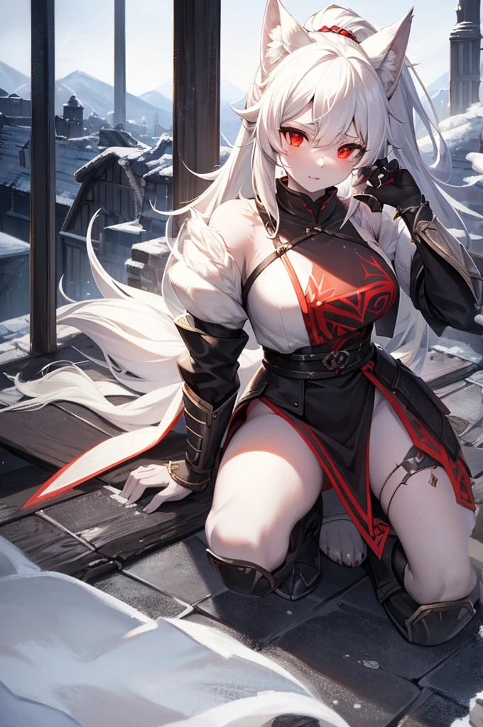 Young Wolf girl. White hair ponytail. Red eye. Scar on left eye. Traditionnal armor. Fantasy. 4k. Full body. Fantasy médiévale City background. Sword.