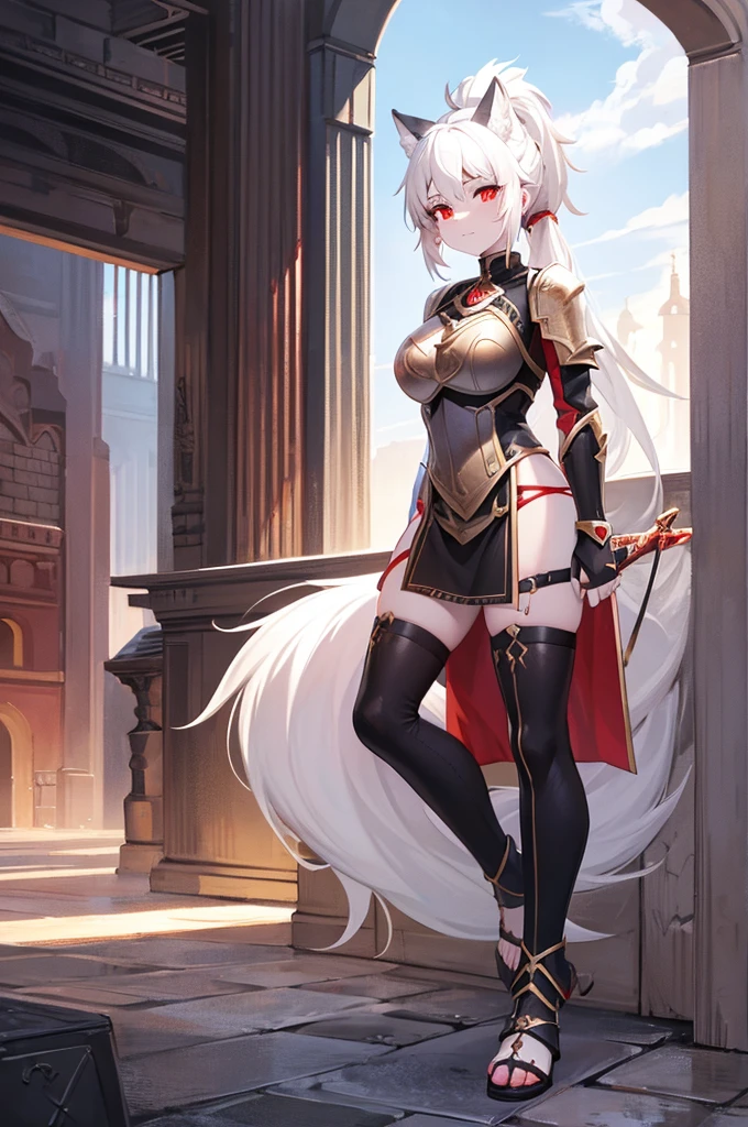 Young Wolf girl. White hair ponytail. Red eye. Scar on left eye. Traditionnal armor. Fantasy. 4k.  Full body. Fantasy médiévale City background. Sword.