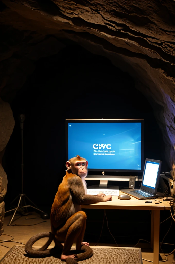 monkey in the cave with pc in studio lab