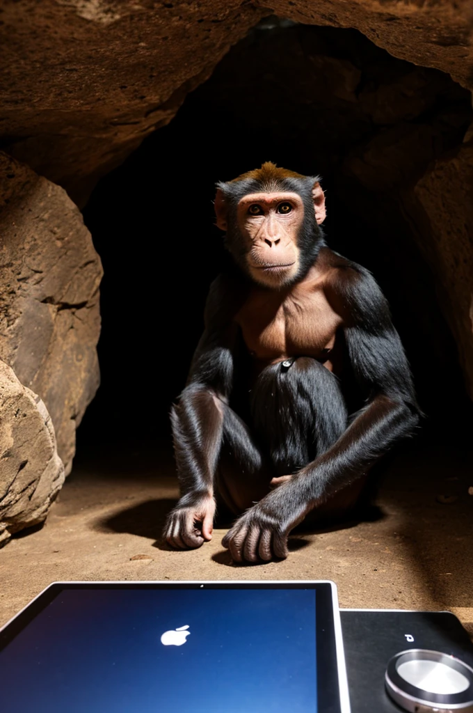monkey in the cave with pc in studio lab