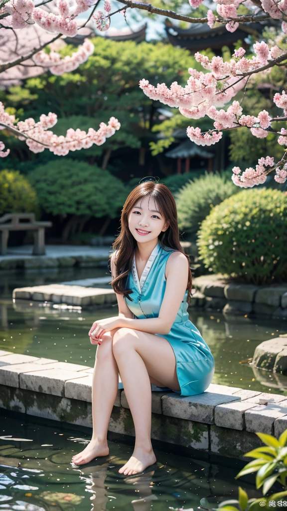 (8K, RAW Photos, Highest quality, masterpiece:1.3), (Realistic, photo-Realistic:1.4), (Highly detailed 8K wallpaper), Sharp focus, Written boundary depth, (Double Bang:1.2), Japanese Idols,very cute,(Baby Face) , Look at us and laugh, Upper Body, Highly detailed face and eyes,((Shiny skin:1.2)), Cinema Lighting, Soft Light,( China dress:1.2), Blur the background, Bokeh,(Traditional Chinese garden with cherry blossoms in full bloom, Enjoy the tranquil scenery with a pond and a small bridge.)