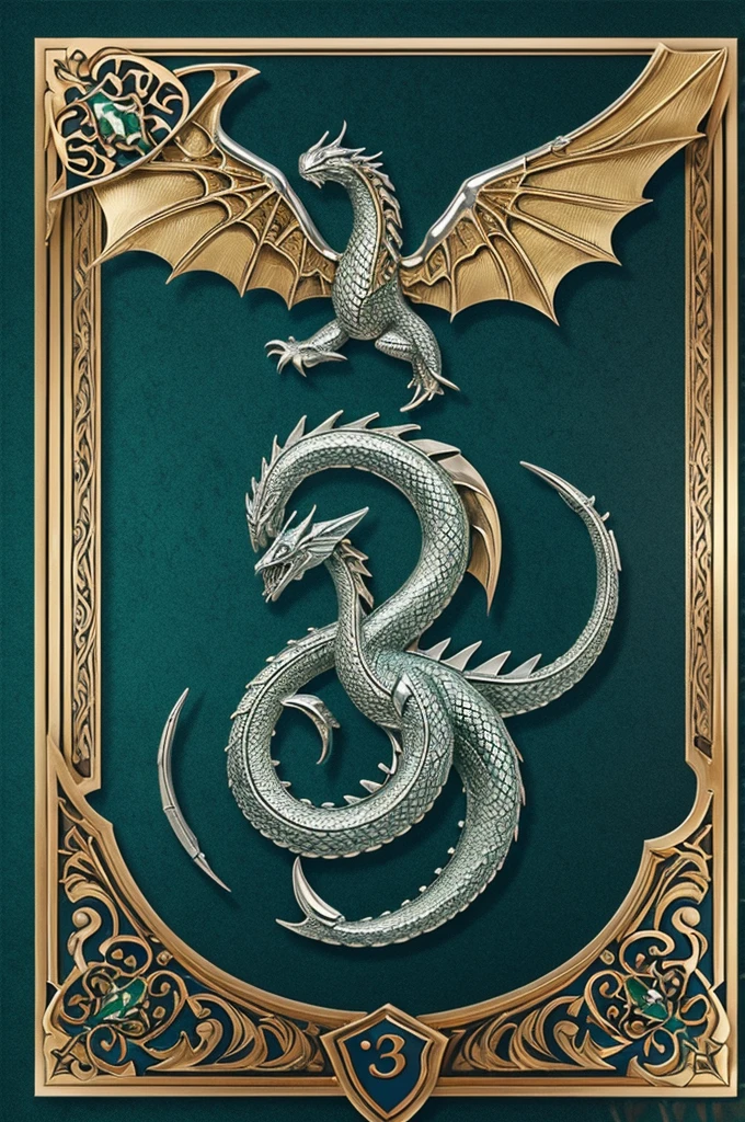 In the style of the shields of the houses of game of thrones:
Canvas Base: Select a classic heraldic shield shape, with a silver metallic surface and gold edges.
• Fund: Fill the background with a glazed dark emerald green tone.
• Dragon: Draw a sea serpent in the center, uses shiny silver for the body and light blue for the wings. Be sure to include raised details for the scales and wings.
• Eggs: Add undulating waves around the sea serpent in sky blue. Use engraving techniques for a three-dimensional effect.
• Flores: Insert small golden flowers between the waves, with embossed details.
• Should: Creates a raised gold border with etched wave and leaf patterns.
