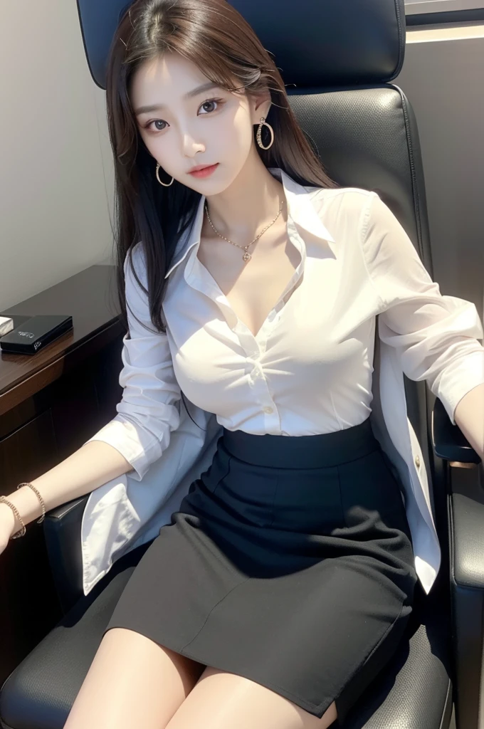 (((actual photography))),, portrait, Korean，(arrogant的臉:1.3),, 1 Girl，beautiful girl, arrogant,Sit in a large class chair , (Necklace，earrings，Bracelet:1.1), Buttoned shirt and hip skirt,miniskirt , (cleavage:0.3),, In the CEO&#39;s Office, (environmental details:1.3),, (original photo, CG Unity, photography, ultra actual details, sharp focus, Delicate skin,4K, High resolution, masterpiece, best quality, actual, energetic:1.2),, (8K,4K, Ultra high quality, High resolution, professional, Movie般的, Movie, Dramatic),Reasonable posture, Detailed office background