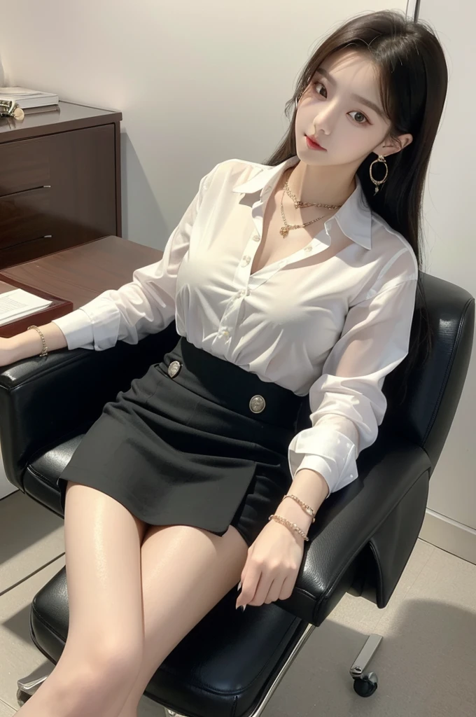 (((actual photography))),, portrait, Korean，(arrogant的臉:1.3),, 1 Girl，beautiful girl, arrogant,Sit in a large class chair , (Necklace，earrings，Bracelet:1.1), Buttoned shirt and hip skirt,miniskirt , (cleavage:0.3),, In the CEO&#39;s Office, (environmental details:1.3),, (original photo, CG Unity, photography, ultra actual details, sharp focus, Delicate skin,4K, High resolution, masterpiece, best quality, actual, energetic:1.2),, (8K,4K, Ultra high quality, High resolution, professional, Movie般的, Movie, Dramatic),Reasonable posture, Detailed office background