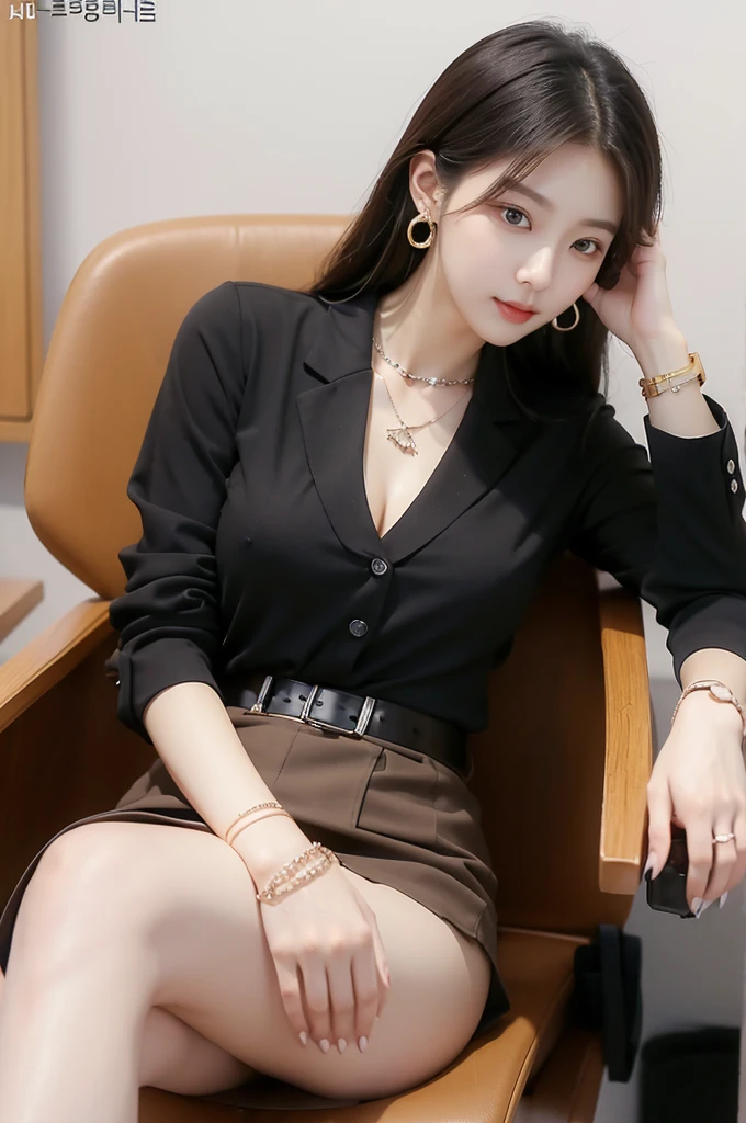 (((actual photography))),, portrait, Korean，(arrogant的臉:1.3),, 1 Girl，beautiful girl, arrogant,Sit in a large class chair , (Necklace，earrings，Bracelet:1.1), Buttoned shirt and hip skirt,miniskirt , (cleavage:0.3),, In the CEO&#39;s Office, (environmental details:1.3),, (original photo, CG Unity, photography, ultra actual details, sharp focus, Delicate skin,4K, High resolution, masterpiece, best quality, actual, energetic:1.2),, (8K,4K, Ultra high quality, High resolution, professional, Movie般的, Movie, Dramatic),Reasonable posture, Detailed office background