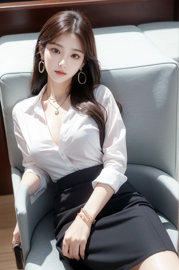 (((actual photography))),, portrait, Korean，(arrogant的臉:1.3),, 1 Girl，beautiful girl, arrogant,Sit in a large class chair , (Necklace，earrings，Bracelet:1.1), Buttoned shirt and hip skirt,miniskirt , (cleavage:0.3),, In the CEO&#39;s Office, (environmental details:1.3),, (original photo, CG Unity, photography, ultra actual details, sharp focus, Delicate skin,4K, High resolution, masterpiece, best quality, actual, energetic:1.2),, (8K,4K, Ultra high quality, High resolution, professional, Movie般的, Movie, Dramatic),Reasonable posture, Detailed office background