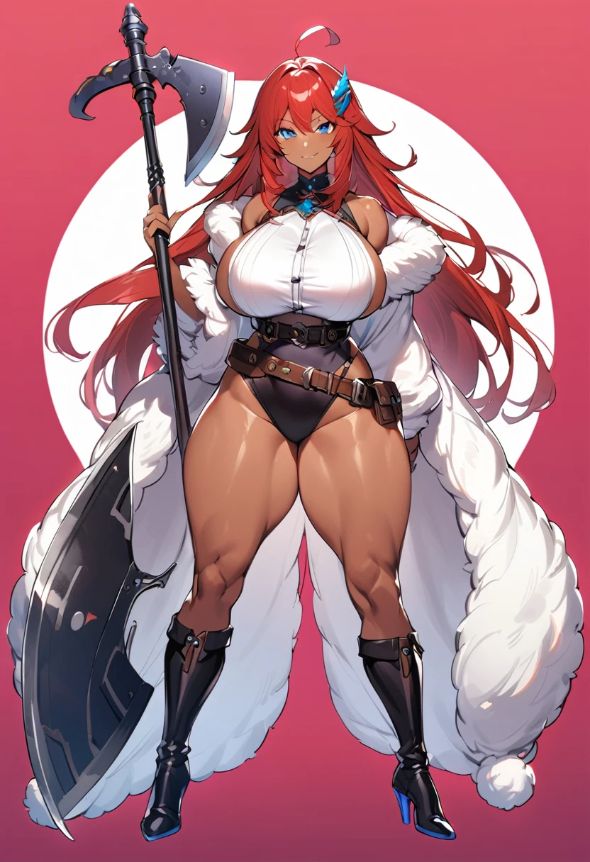 1gir, solo, breasts, red-hair, blue-eyes, dark-skinned-female, ((dark-skin)), huge-breasts, muscular, weapon, smile, simple-background, thighs, very-long-hair, full-body, thick-thighs, looking-at-viewer fur-trim, holding, axe, high-heels, boots, over-shoulder, standing, belt, weapon-over-shoulder, hair-ornament, ahoge
