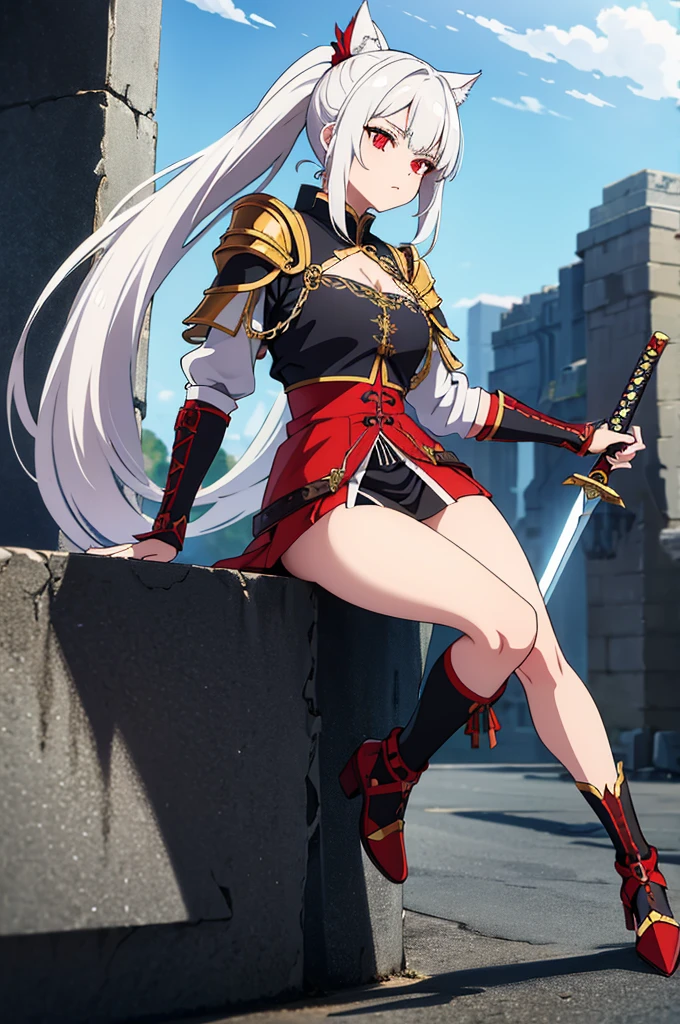 Young Wolf girl. White hair ponytail. Red eye. Scar on left eye. Traditionnal armor. Fantasy. 4k.  Full body. Fantasy médiévale City background. Sword.