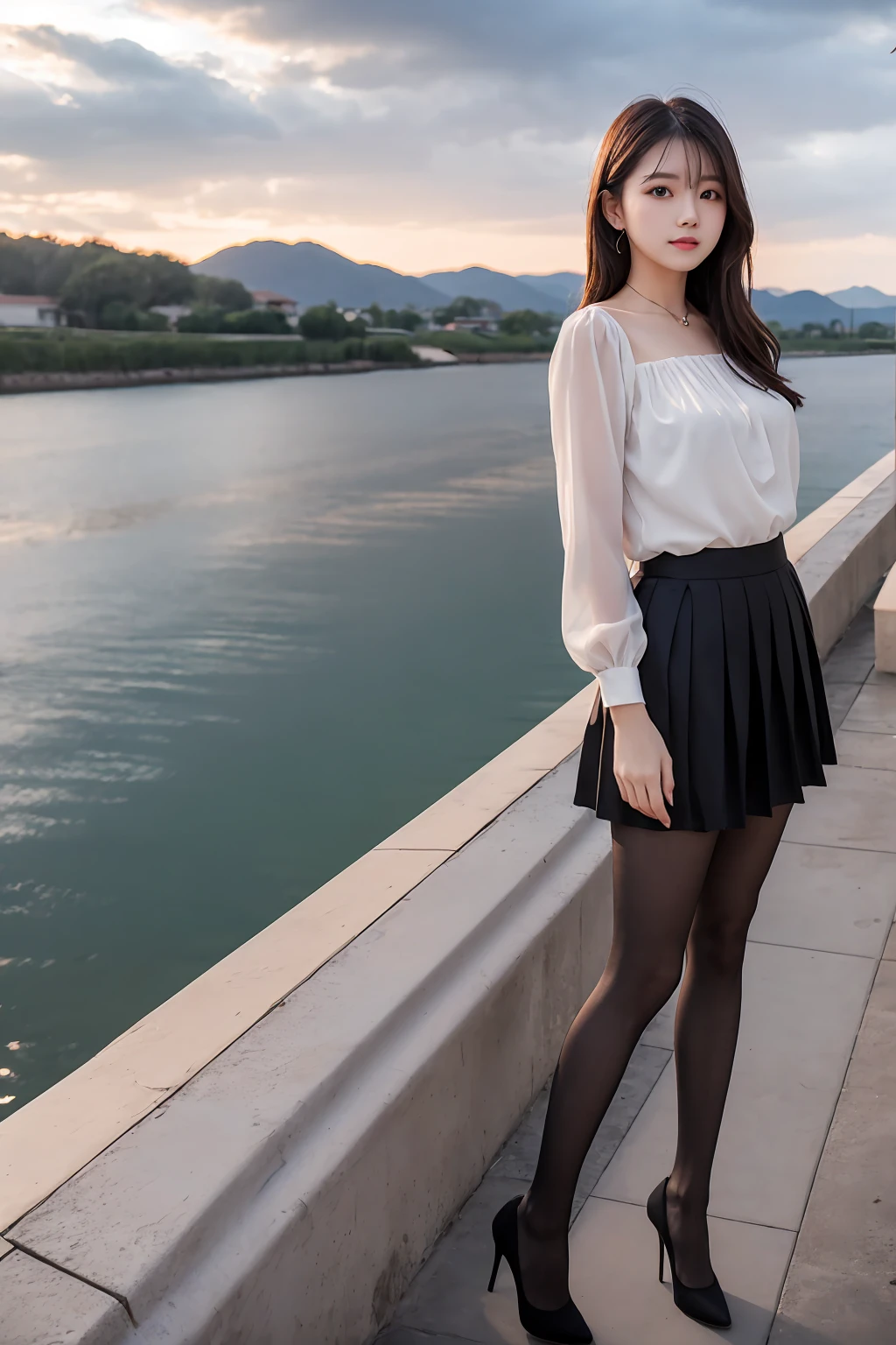beautiful girl, strapless blouse, tiny pleated skirt, tights, high heels, ray tracing, 4K, best quality, near the lake, sunrise, cloudy sky