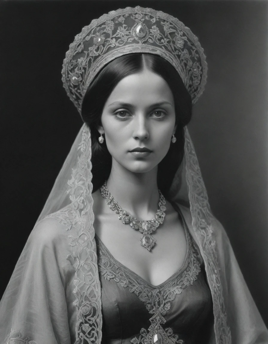 by Léon Bakst, by Moebius Jean Giraud, (((Rough monochrome drawing, gray scale, Linear style, hand drawn, coal sketch on paper))), a powerful noblewoman, bronze skin, tanned, dignified, sensual, facing viewer. She is wearing a fur hat and a lace face veil. She is wearing a black Byzantine caftan with Mughal elements, embroidered Slavic elements, sashes, diamond shape pendant