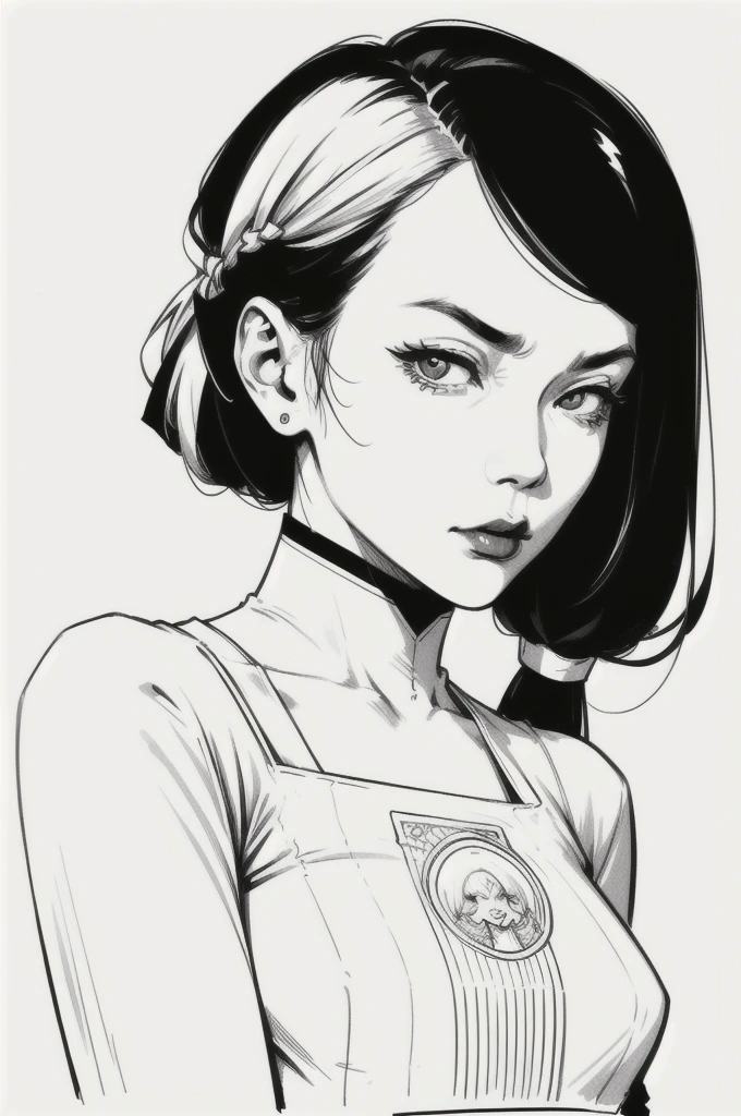 Drawing of a mature woman, realistic portrait, upper body, goth asian girl, white long hair, mad face, white simple outfits, sexy outfit, punk, horror look. Best lineart, clean flat lineart, Black and white monochrome, thin pen lines. No colors or shading. Flat white background