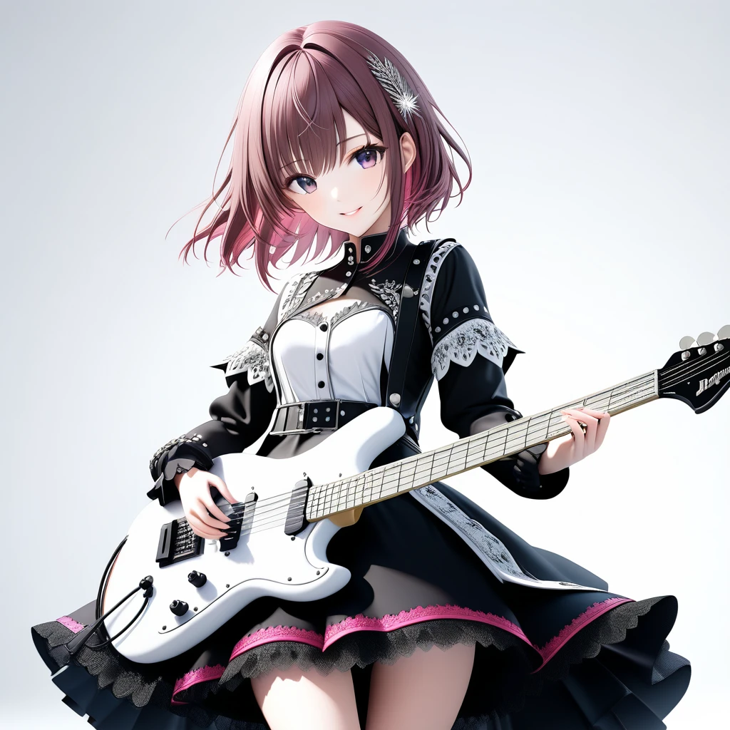 (((White background:1.5)))、(((masterpiece、Ultra HD、Highest quality、Masterpiece、4K:1.2)))、Slender Style、Scandinavian metal girl playing a white electric guitar, An intense gaze directed at the audience, Intricate details, Highly detailed eyes, Highly detailed fingers、Brown Bob、Pink Gothic Dress, Intricate details、A kind smile、mini skirt、Dynamic and intense movements、Highly detailed hands、on stage
