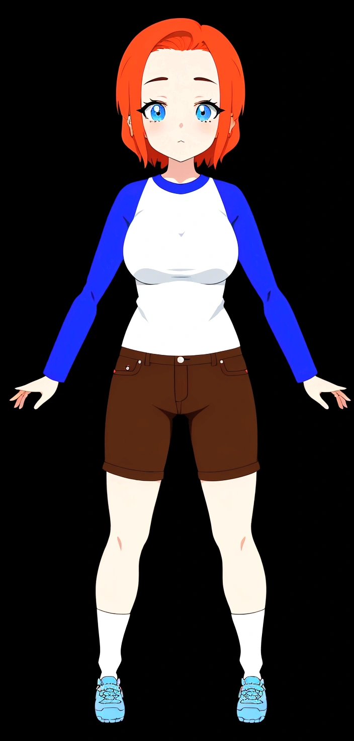 cartoon girl with red hair and blue shirt and brown shorts, full body portrait of a short!, anime full body illustration, female full body, !!full body portrait!!, full body female, full body with costume, full body illustration, single character full body, full - body - front - shot, full body; front view, anime vtuber full body model