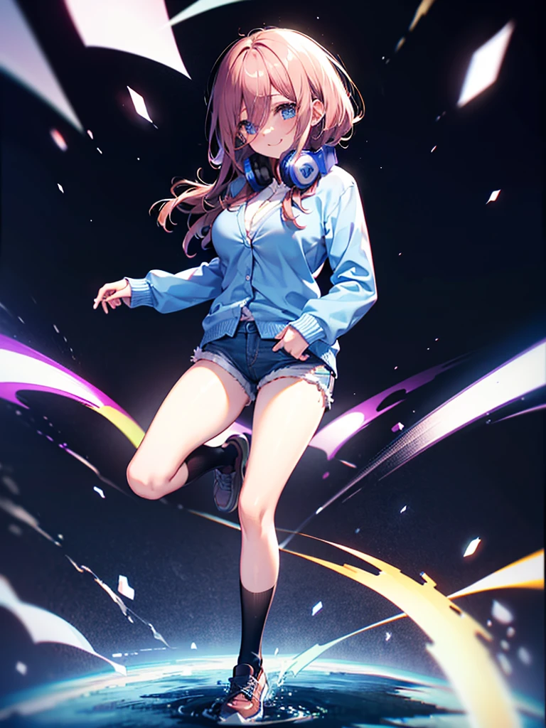 (8K, Highest quality, Highest quality, masterpiece), nm1, headphones around neck, school uniform, long sleeves, blue cardigan, pantyhose, (fullbody), smile, (denim hot shorts), (mini shorts), big breasts, (open legs)
