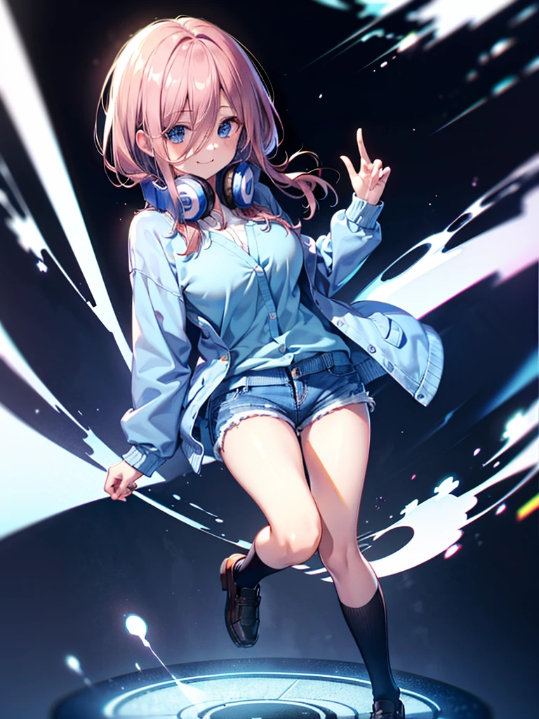 (8K, Highest quality, Highest quality, masterpiece), nm1, headphones around neck, school uniform, long sleeves, blue cardigan, pantyhose, (fullbody), smile, (denim hot shorts), (mini shorts), big breasts, (open legs)