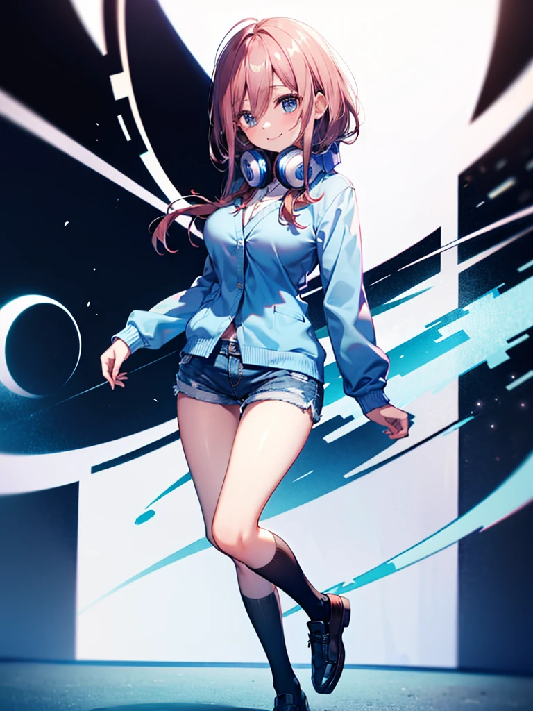 (8K, Highest quality, Highest quality, masterpiece), nm1, headphones around neck, school uniform, long sleeves, blue cardigan, pantyhose, (fullbody), smile, (denim hot shorts), (mini shorts), big breasts, (open legs)