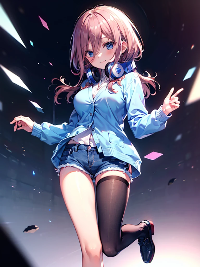 (8K, Highest quality, Highest quality, masterpiece), nm1, headphones around neck, school uniform, long sleeves, blue cardigan, pantyhose, (fullbody), smile, (denim hot shorts), (mini shorts), big breasts, (open legs)