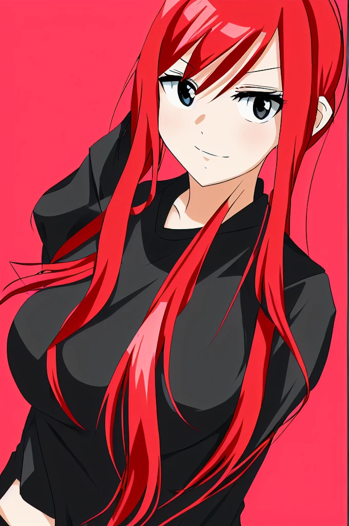 anime girl with red hair and black shirt posing for a picture, Generate an image of Erza Scarlet from 'Fairy Tail' dressed in the Karasuno High School volleyball team uniform from 'Haikyuu!!', complete with the number 1 on her jersey. She should be standing confidently on a volleyball court."