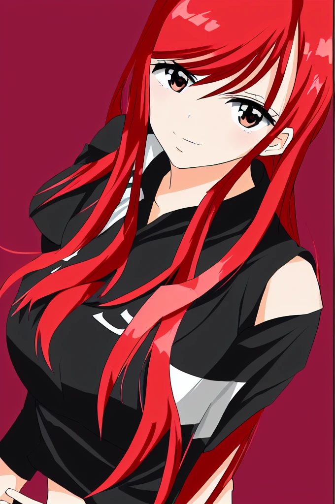 anime girl with red hair and black shirt posing for a picture, Generate an image of Erza Scarlet from 'Fairy Tail' dressed in the Karasuno High School volleyball team uniform from 'Haikyuu!!', complete with the number 1 on her jersey. She should be standing confidently on a volleyball court."