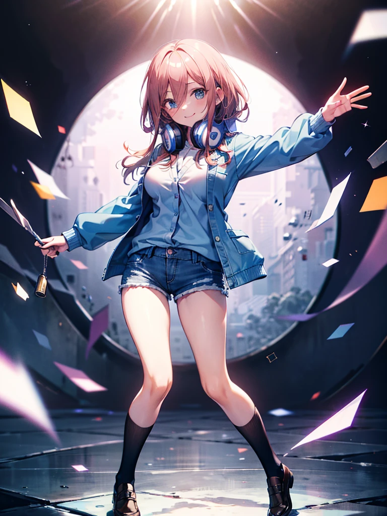 (8K, Highest quality, Highest quality, masterpiece), nm1, headphones around neck, school uniform, long sleeves, blue cardigan, pantyhose, (fullbody), smile, (denim hot shorts), (mini shorts), big breasts, (open legs)
