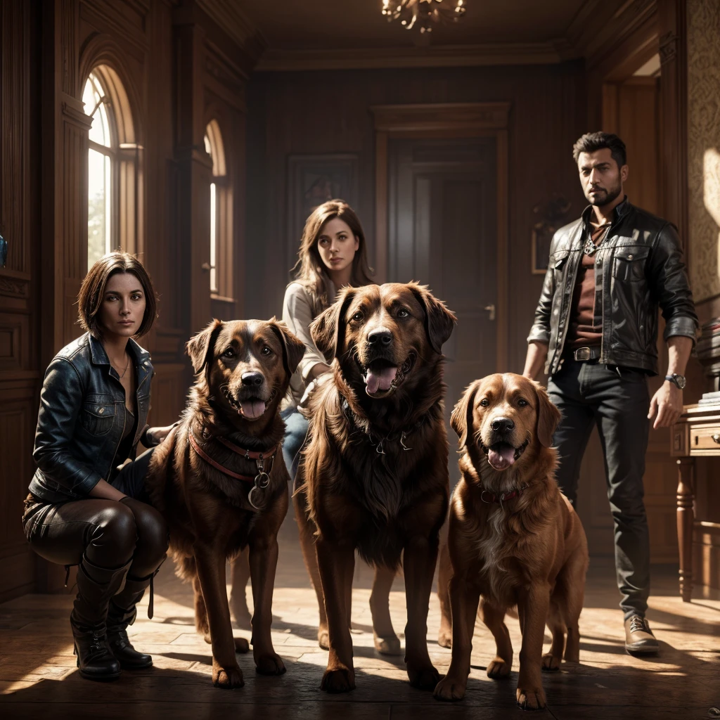 family with their dog deep color, realistic, wide screen, intricate detail, splash screen, complementary colors, realistic concept art, Unreal Engine 5 volumetric lighting, dynamic lighting hyperdetailed