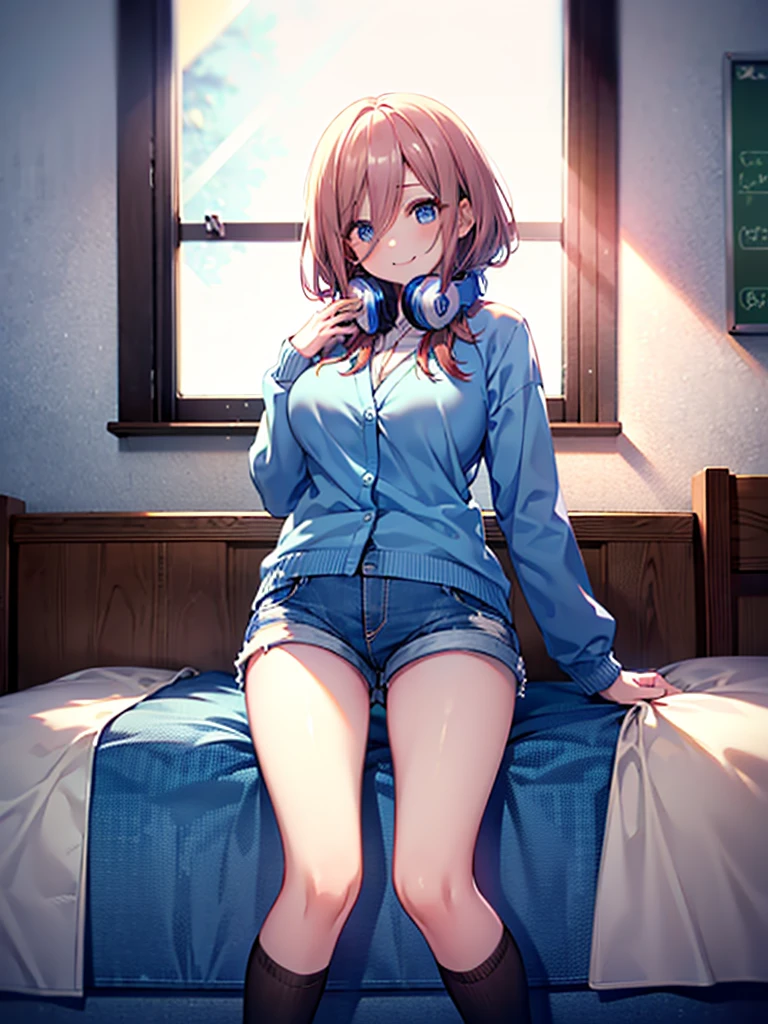 (8K, Highest quality, Highest quality, masterpiece), nm1, headphones around neck, school uniform, long sleeves, blue cardigan, pantyhose, (fullbody), smile, (denim hot shorts), (mini shorts), ???????????, (?????????)