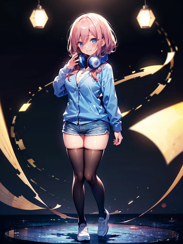 (8K, Highest quality, Highest quality, masterpiece), nm1, headphones around neck, school uniform, long sleeves, blue cardigan, pantyhose, (fullbody), smile, (denim hot shorts), (mini shorts), big breasts, (open legs)
