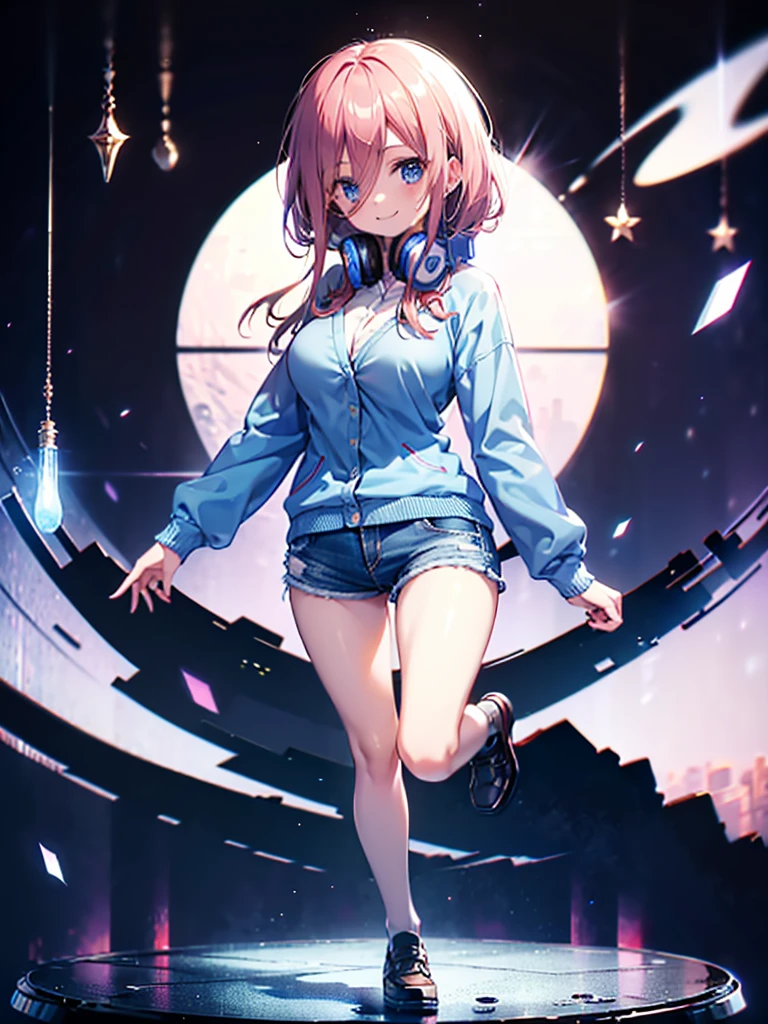(8K, Highest quality, Highest quality, masterpiece), nm1, headphones around neck, school uniform, long sleeves, blue cardigan, pantyhose, (fullbody), smile, (denim hot shorts), (mini shorts), big breasts, (open legs)