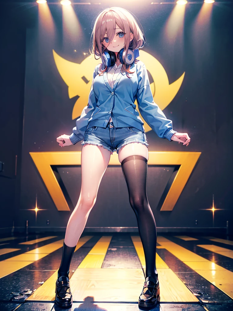 (8K, Highest quality, Highest quality, masterpiece), nm1, headphones around neck, school uniform, long sleeves, blue cardigan, pantyhose, (fullbody), smile, (denim hot shorts), (mini shorts), big breasts, (open legs)